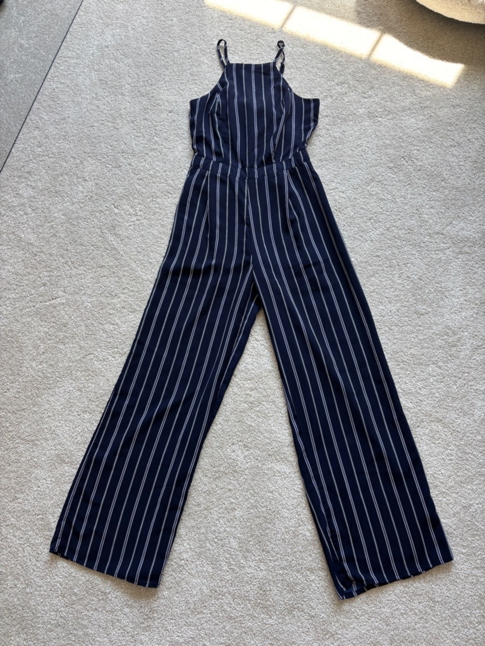 Japna Navy and White Vertical-Stripe Wide-Leg Jumpsuit Sleeveless